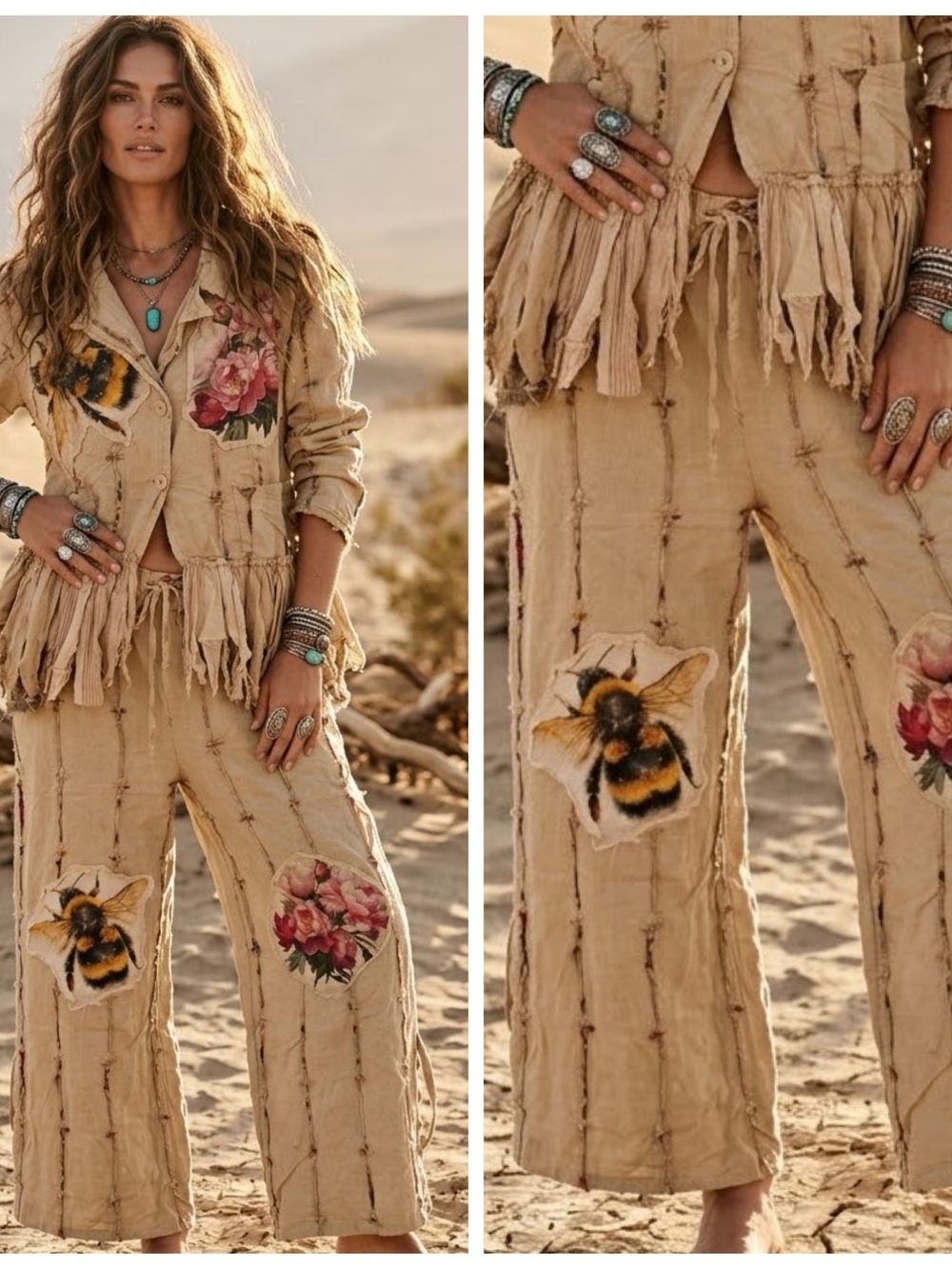 Rare Bird Bumblebee Boho Applique Wide-Leg Pants - Beige